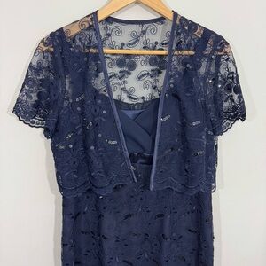 Vintage Y2K Babydoll Dress + Lace Jacket Sz 8 M Navy Sequin Floral Party Prom